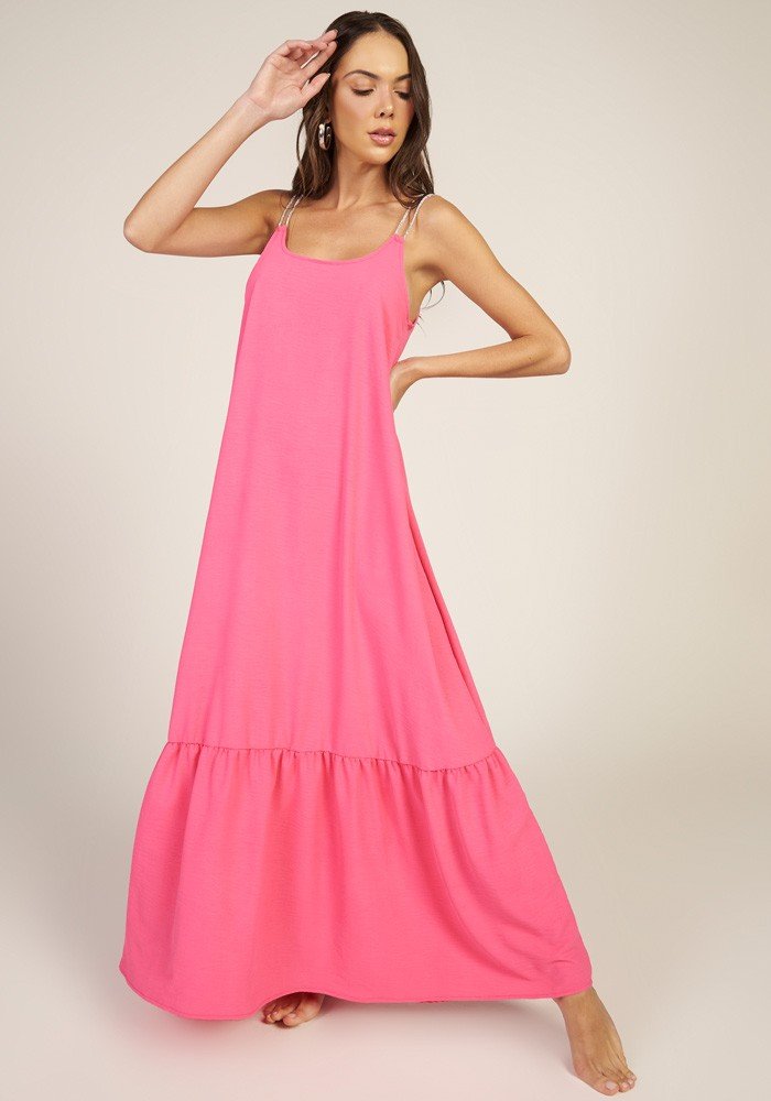Saída de Praia Vestido Longo c/ Alça Strass Rosa Pink